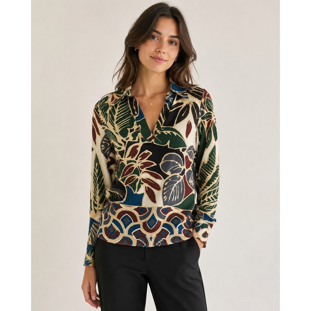Zara Blouse XS Multicolor Tropical Geometric V-Neck Long Sleeve Artsy Boho